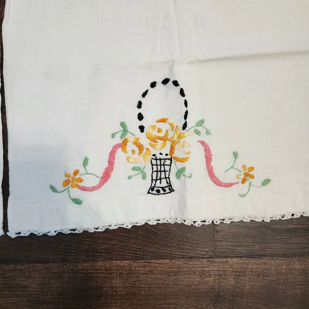 Vintage Pair Hand Embroidered Floral Crocheted Edges Pillowcases Cottagecore